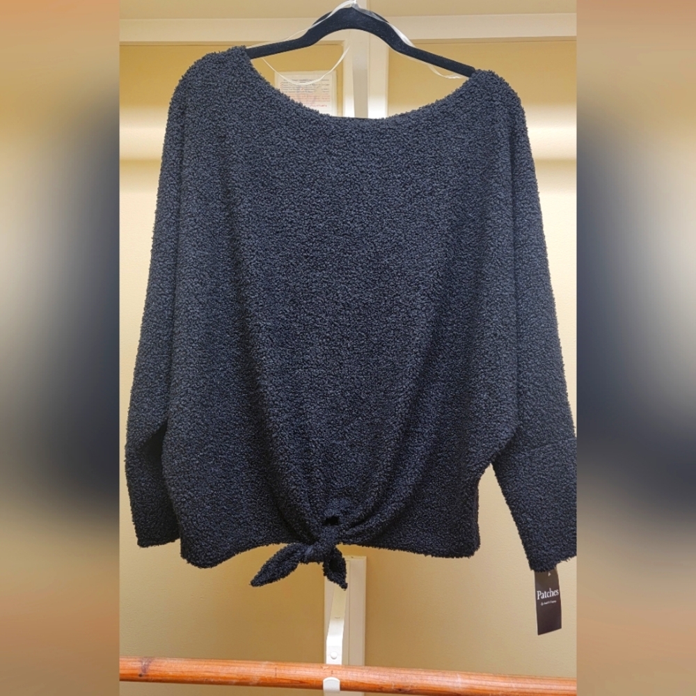 NWT Women's Black Poodle Knit Front Tie Sweater